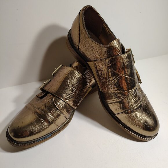 Anthropologie Kelsey Dagger Brooklyn Copper Foiled Buckle Loafers Metallic SZ 10 - Picture 11 of 13